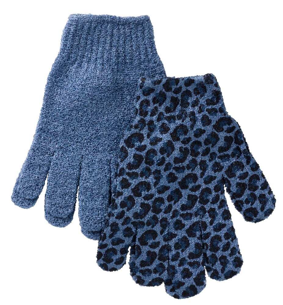 Ein Paar blau-leopardgemusterte Peelinghandschuhe und ein Paar einfarbige blaue Peelinghandschuhe.