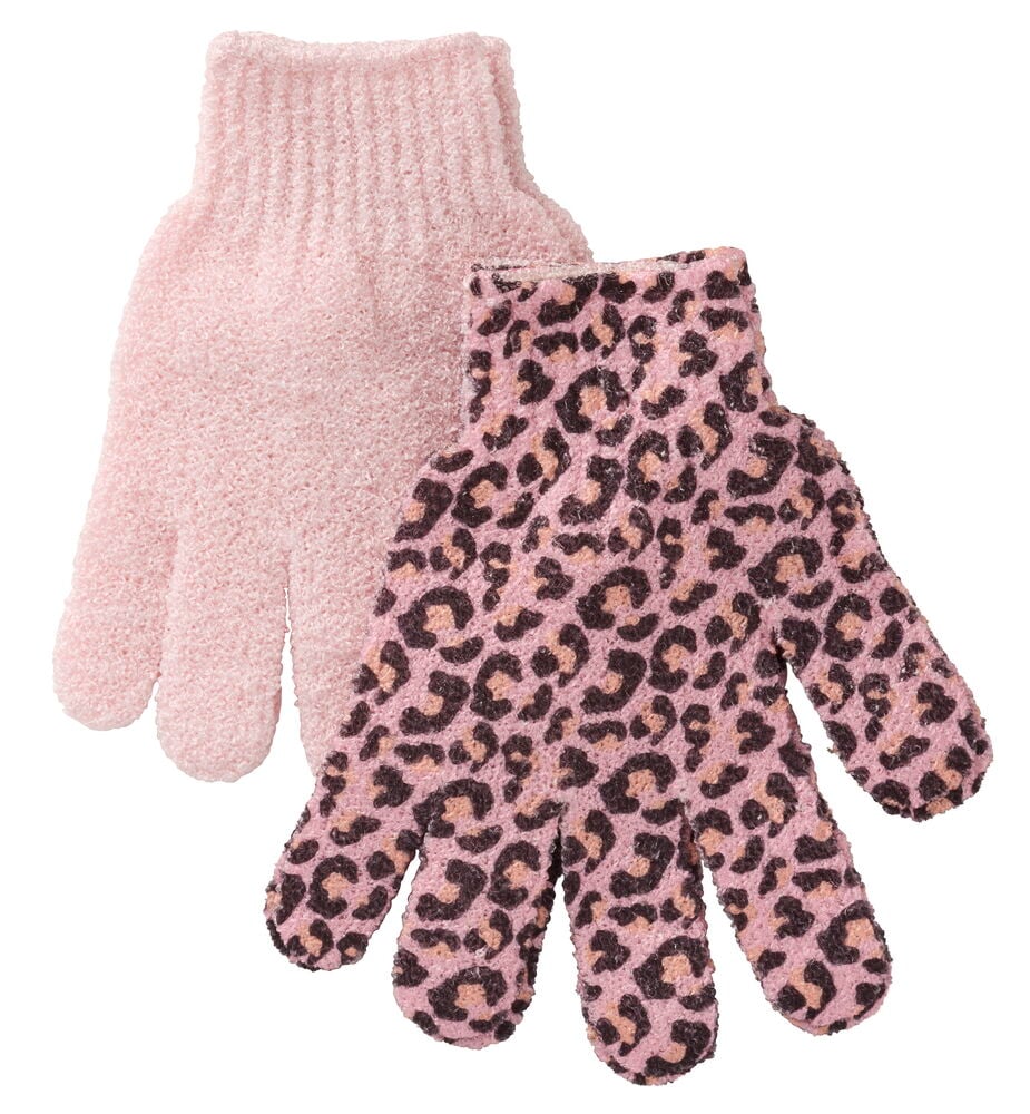 Peelinghandschuhe 2er-Pack Verschiedene Sorten, mit einem einfarbig rosafarbenen und einem rosafarbenen Leopardenmuster Handschuh.