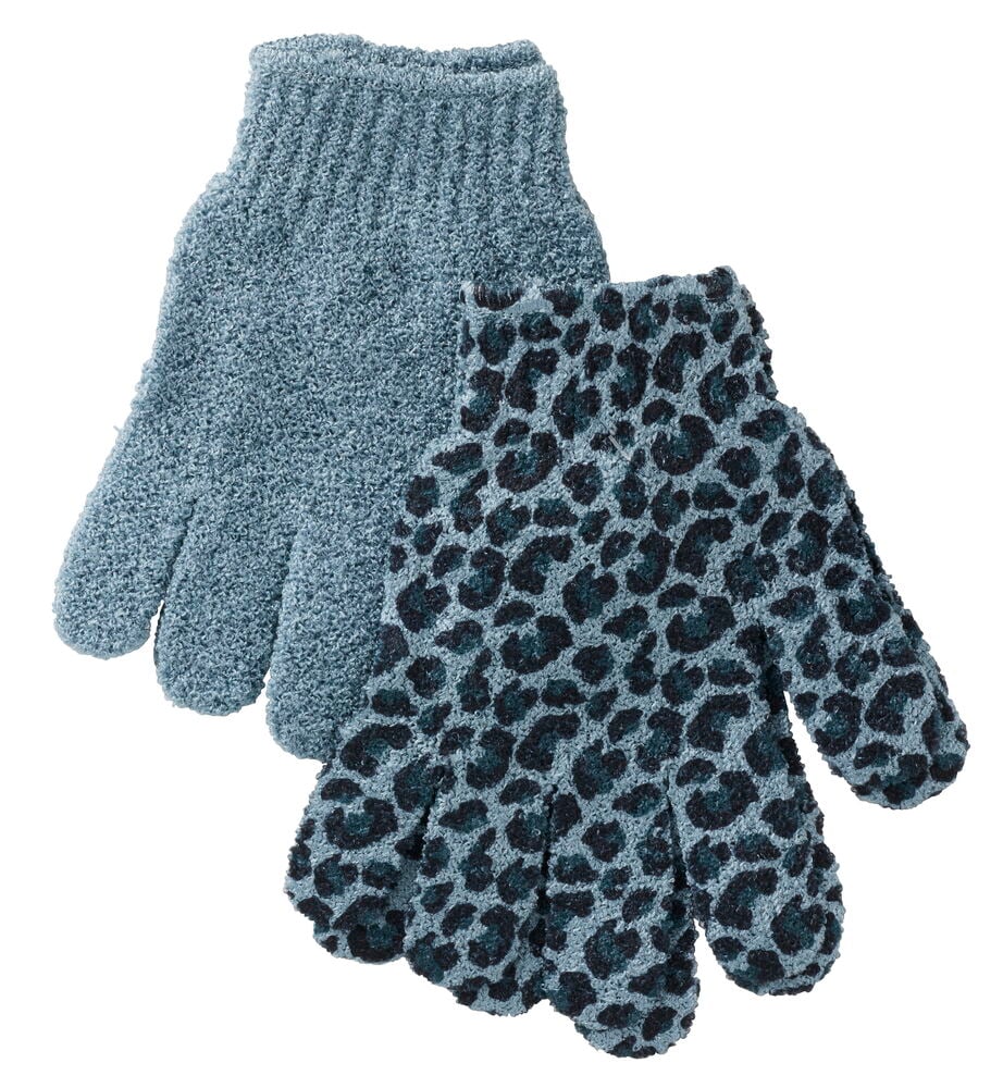 Ein Zweierpack texturierter Peelinghandschuhe, einer einfarbig blau-grau und einer blau-grau mit dunklem Leopardenmuster.