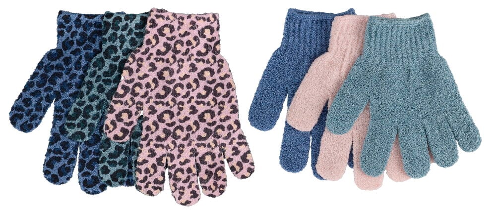 Peelinghandschuhe 2 er-Pack Verschiedene Sorten in Leopardenmuster und einfarbig: blau, dunkeltürkis, rosa und türkis.