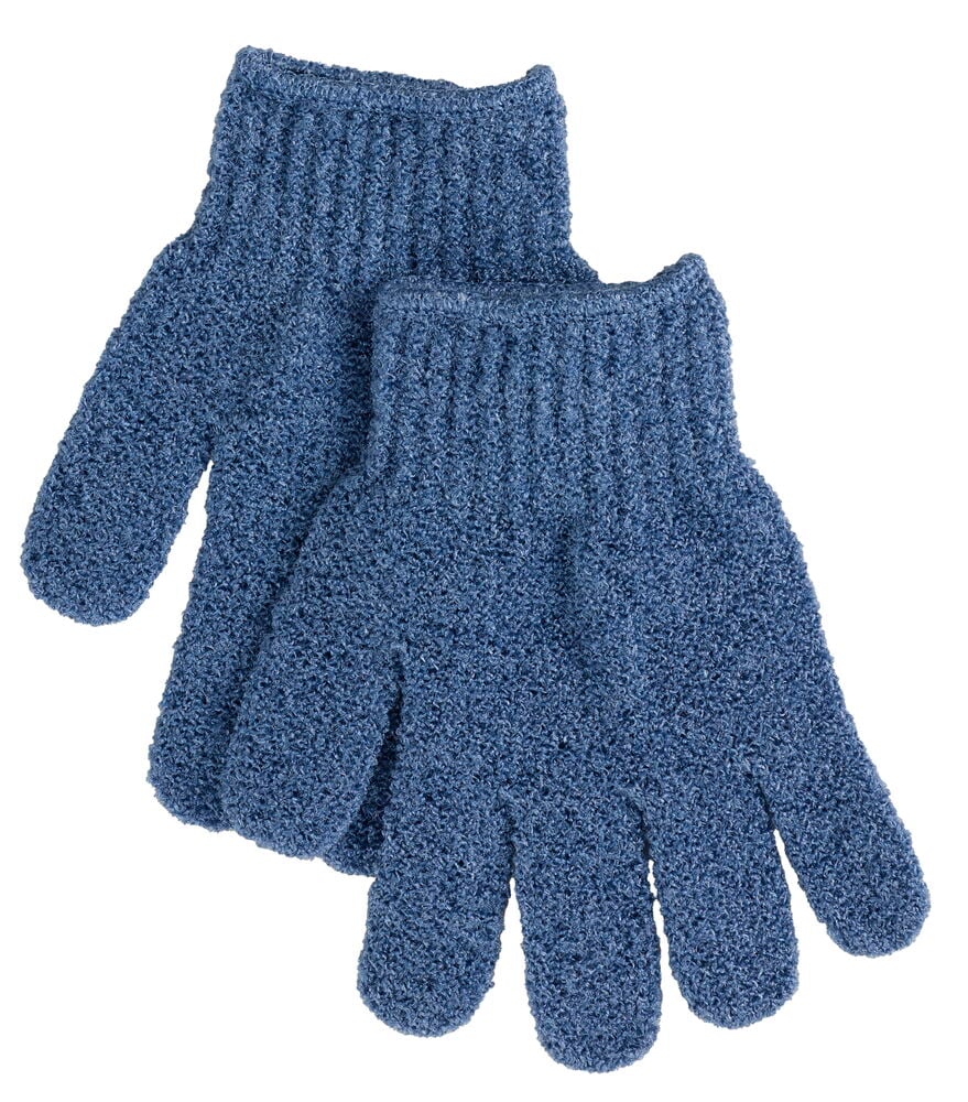 Ein Paar blaue, texturierte Peelinghandschuhe mit gerippten Bündchen, einer leicht überlappend den anderen.
