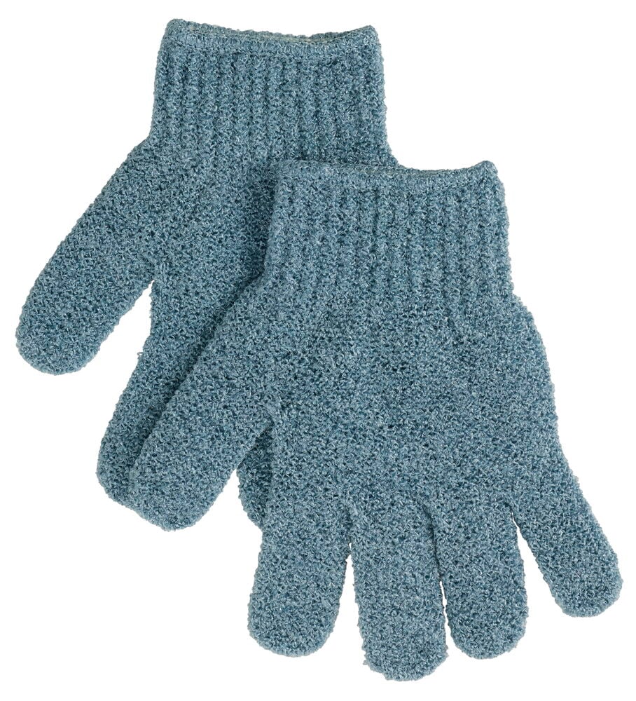 Zwei blaue, texturierte Peelinghandschuhe sind als 2er-Pack in verschiedenen Sorten abgebildet.