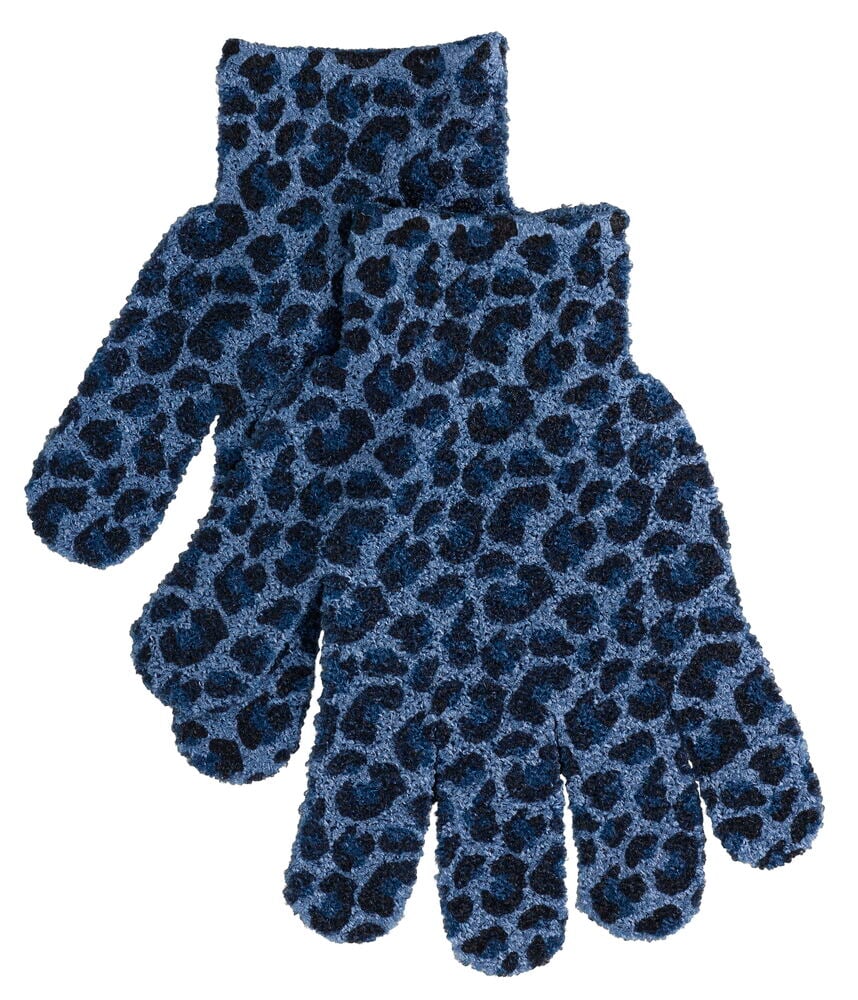 Peelinghandschuhe 2 er-Pack Verschiedene Sorten: Ein Paar flauschige blau-dunkelblau Leopardmuster Peelinghandschuhe.