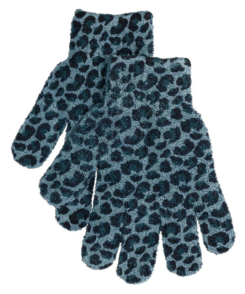 Ein 2er-Pack blaue und dunkelblaue leopardgemusterte Peelinghandschuhe.