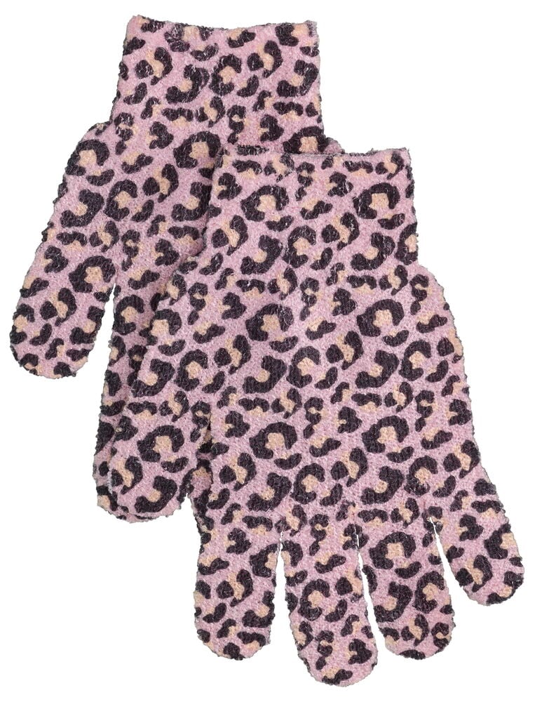 Zwei rosa Peelinghandschuhe mit Leopardenmuster, als Paar abgebildet.