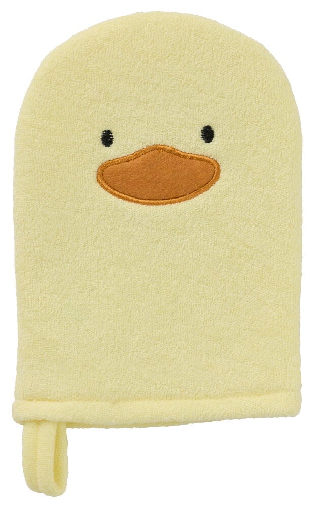 Frontvy av en gul frotté Badvante Kids Flera sorter med broderade svarta ögon och orange näbb.