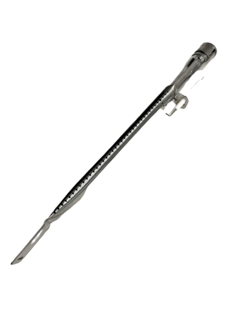 Pitkänomainen hopeanvärinen kaasupoltin ruostumattomasta teräksestä.