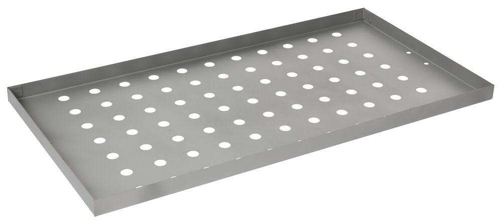 Rektangulär metallbricka med runda hål för grill.