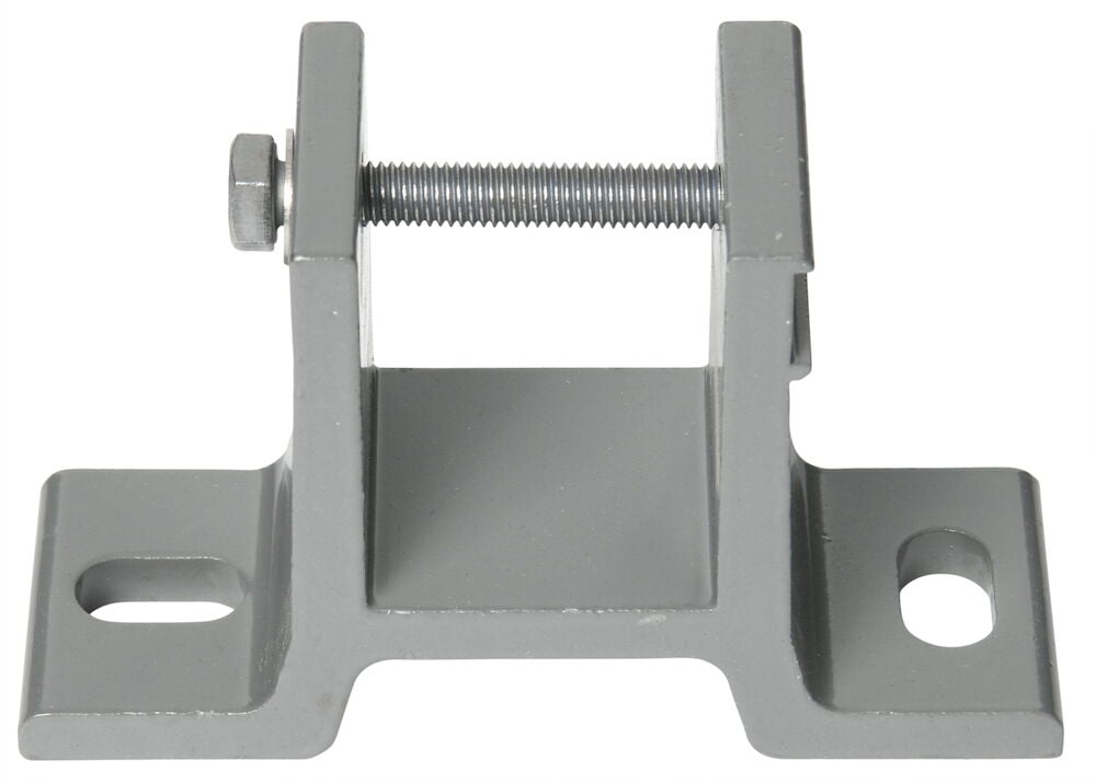 Grått väggfäste i stål för terrassmarkis.