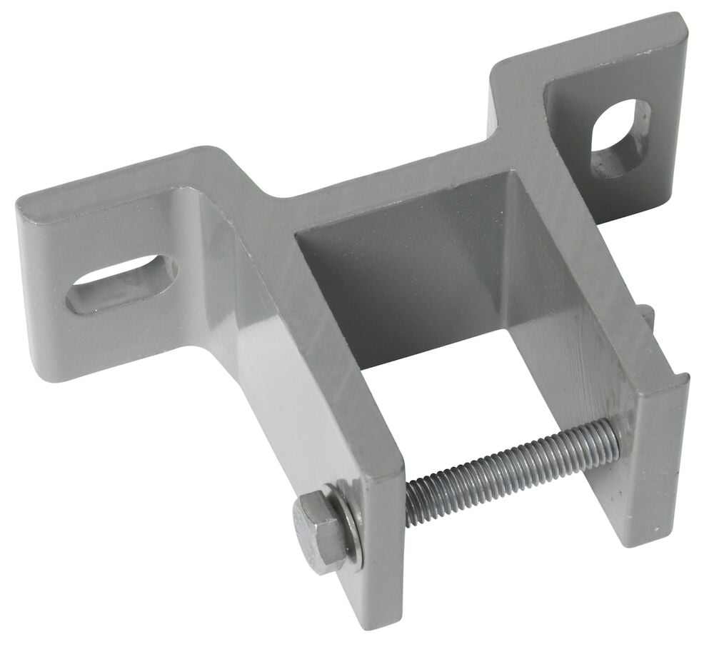 Grått väggfäste för terrassmarkis med motor.