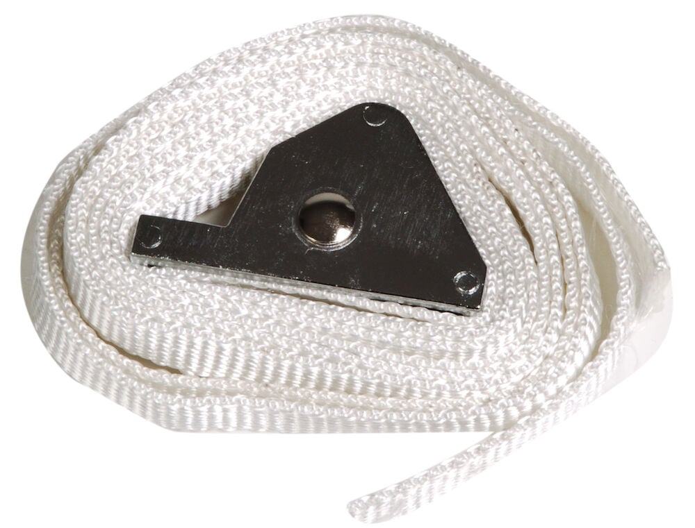 Vitt snöre med silverfärgad hållare för markis.