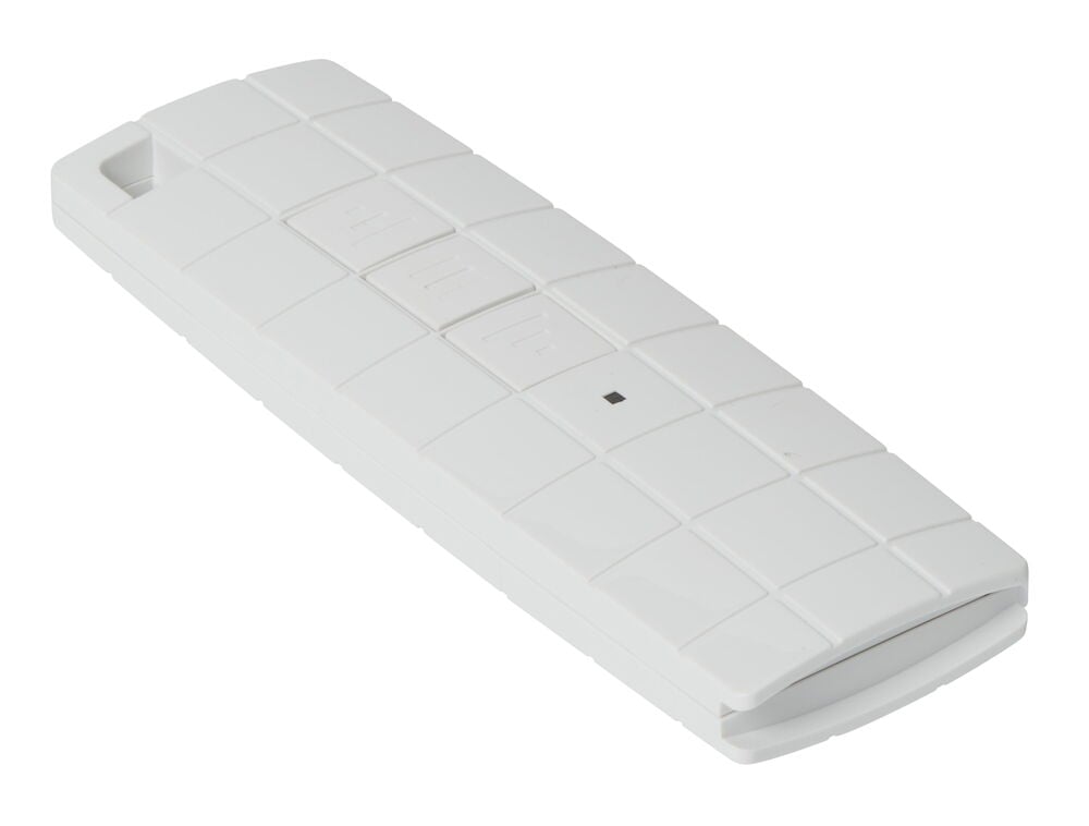 Vit fjärrkontroll med rutmönster för markisstyrning.