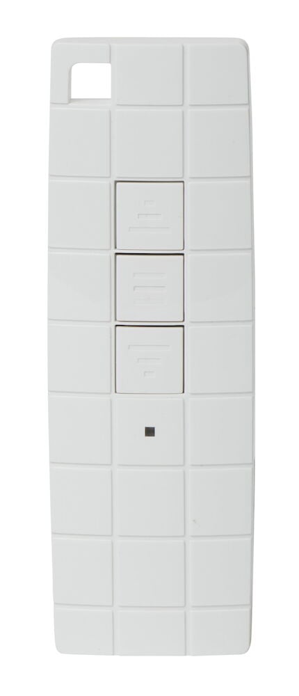 Vit fjärrkontroll med tre fyrkantiga knappar.