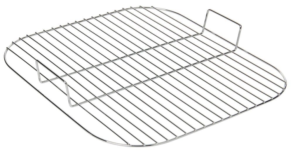 Metallinen grilliritilä kahvalla ja ruudukkokuviolla.
