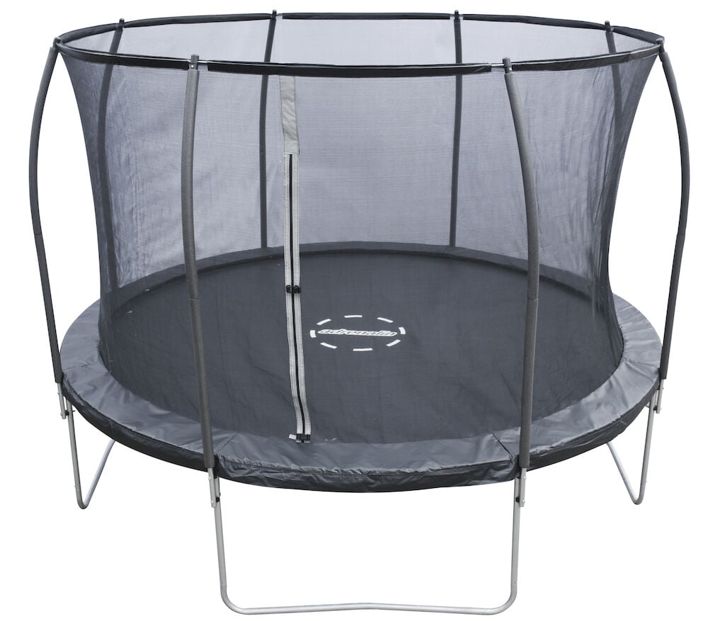 Rund studsmatta med svart säkerhetsnät och metallram.