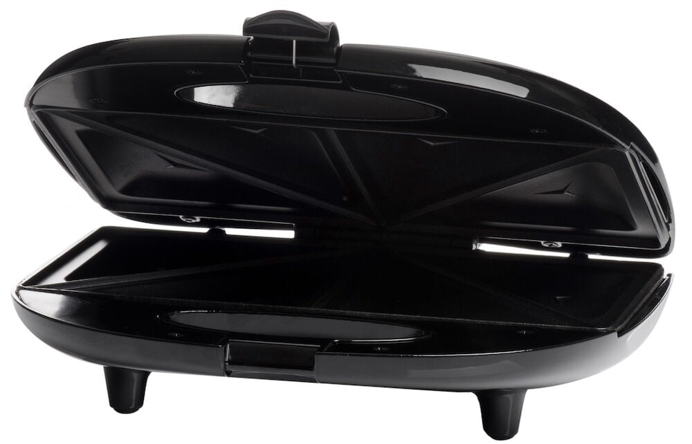 Öppen svart smörgåsgrill med dubbla grillplattor.