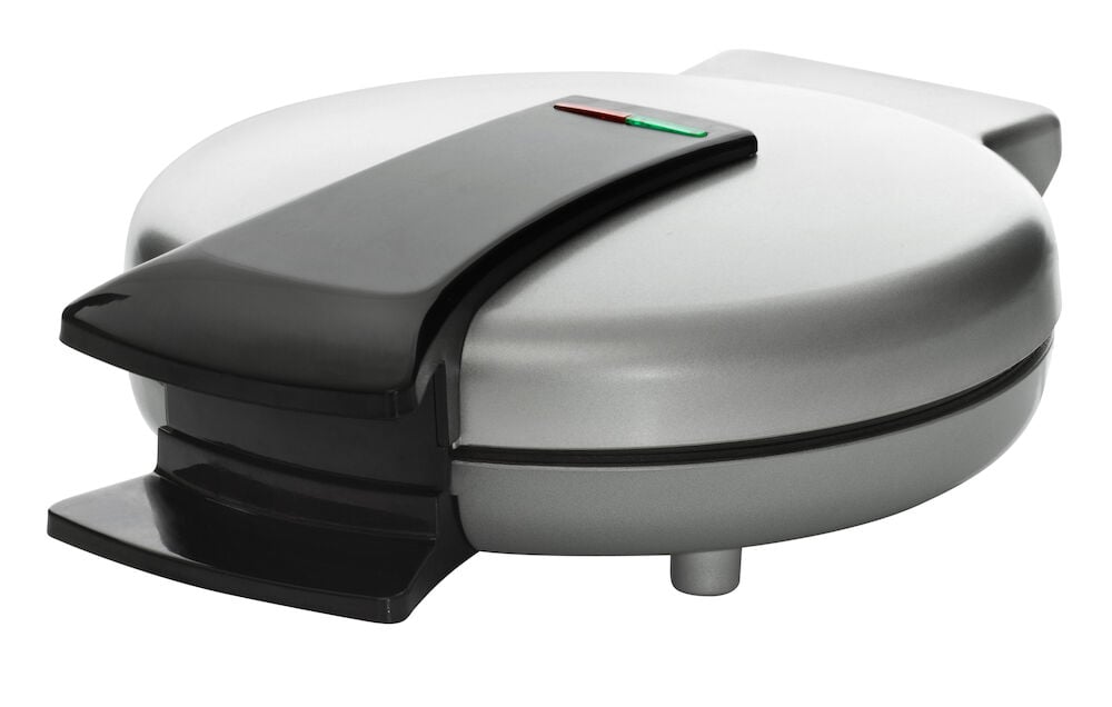 Rundt våffeljärn med svart handtag och indikatorlampor.