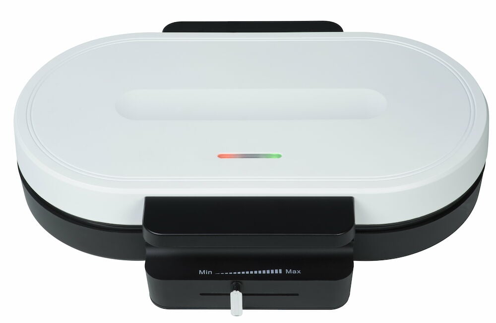 Vitt dubbelt våffeljärn med termostat och indikatorljus.