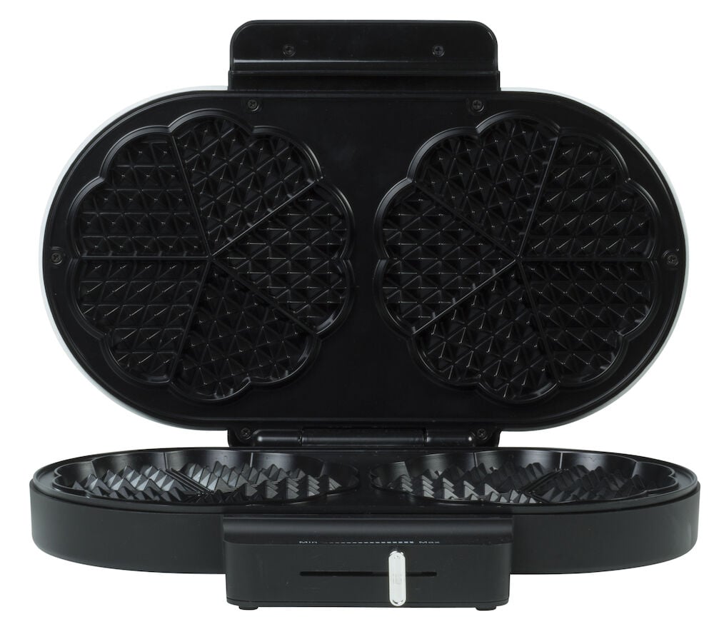Öppet dubbelt våffeljärn med svart nonstick-yta.