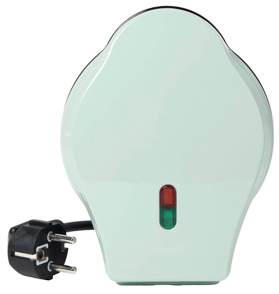 Ett belgiskt våffeljärn med indikeringslampor och sladd.