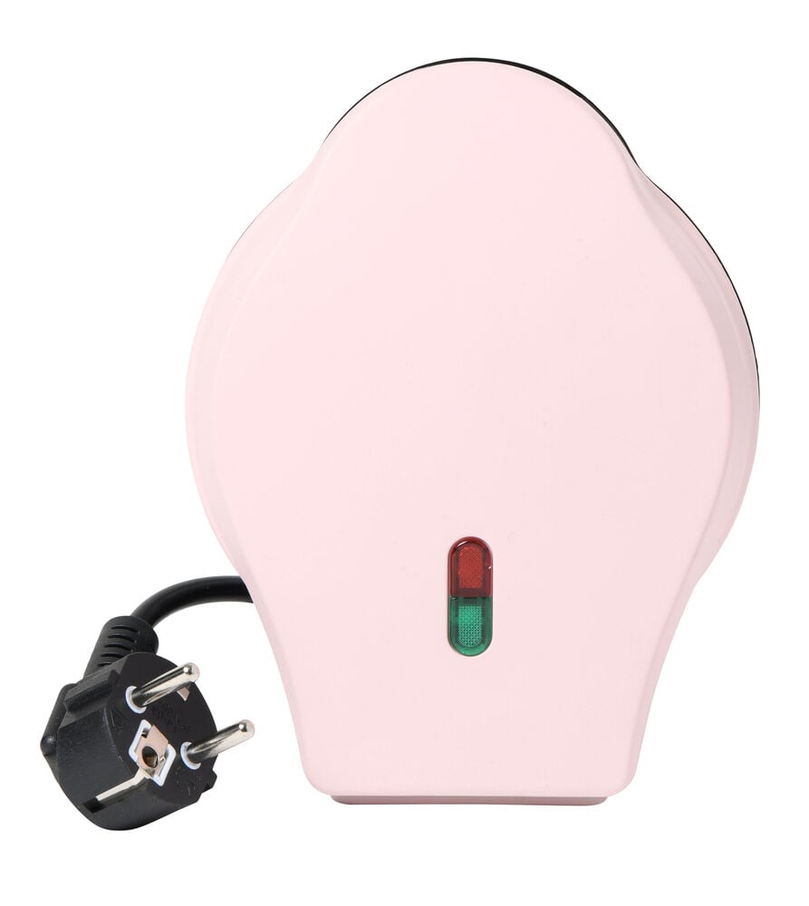 Rosa belgiskt våffeljärn med strömkabel och indikatorlampor.