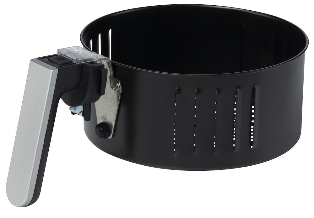 Svart airfryer-korg med silverfärgat handtag.