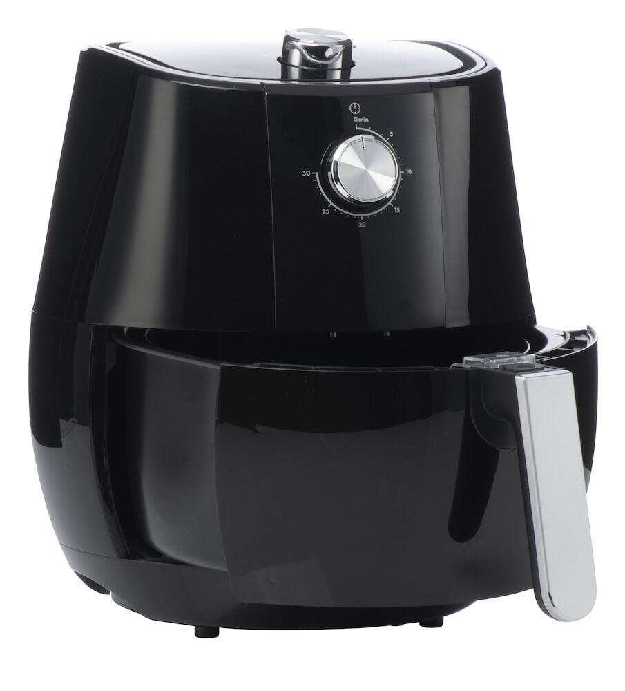 Svart airfryer med rund form och silverdetaljer.