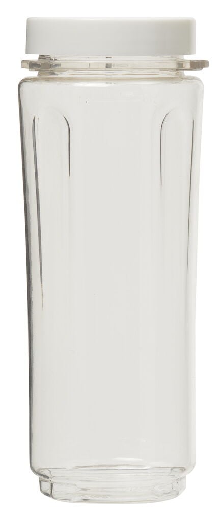 Gjennomsiktig plastflaske med hvitt lokk.