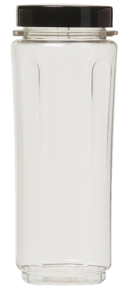 Transparent plastflaska med svart lock.