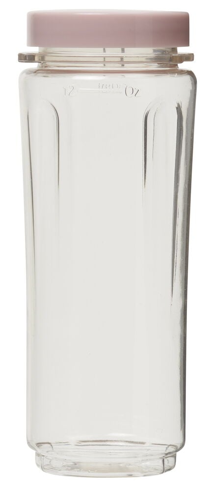 Transparent plastflaska med rosa lock och måttskala.