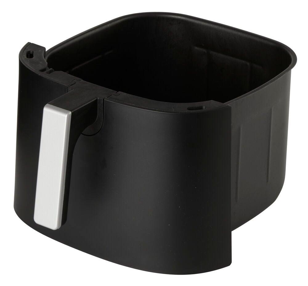 Svart airfryer-korg med silverfärgat handtag.