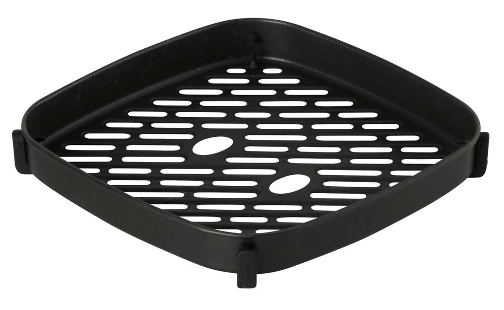 Svart luftfritösinsats med perforerad yta.