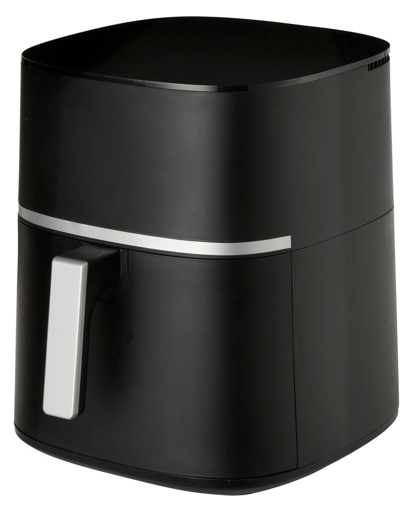 Matt svart airfryer med silverfärgat handtag.