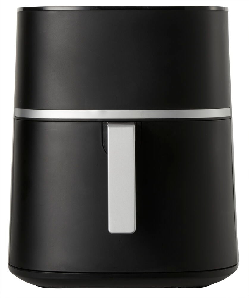 Matt svart airfryer med silverfärgat handtag framtill.