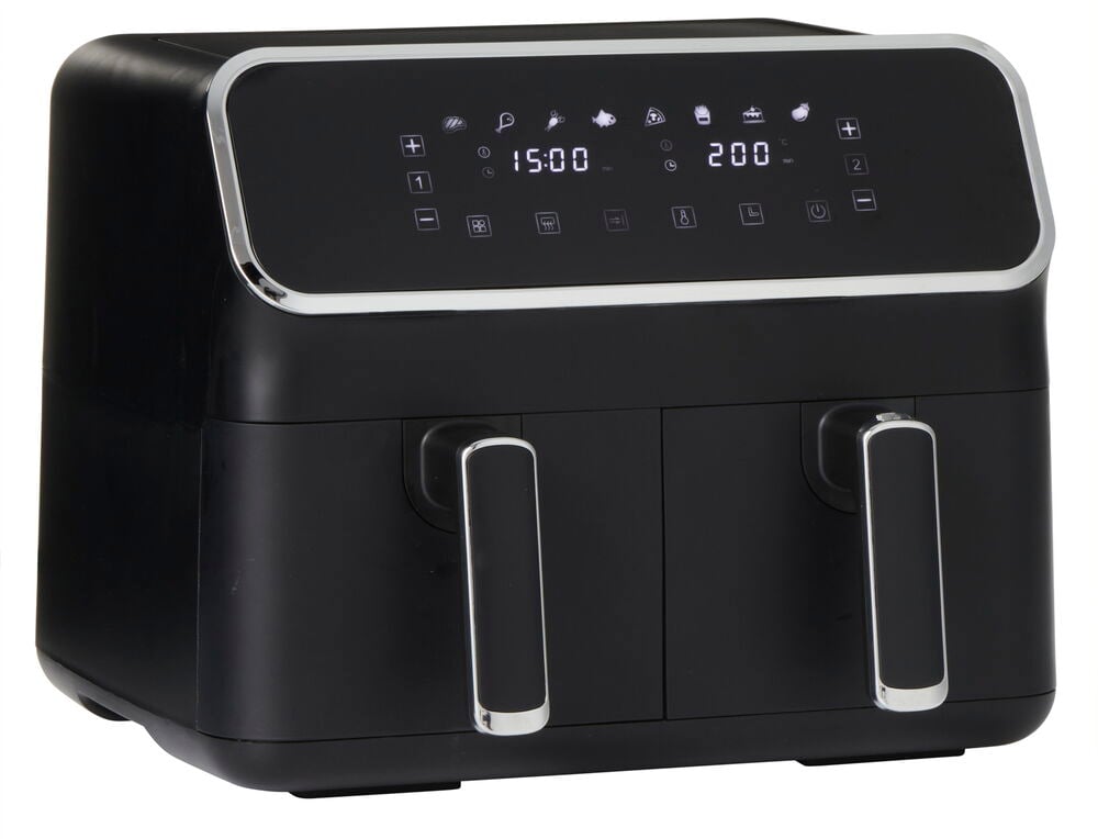 Mattsvart airfryer med två lådor och digital touchskärm.