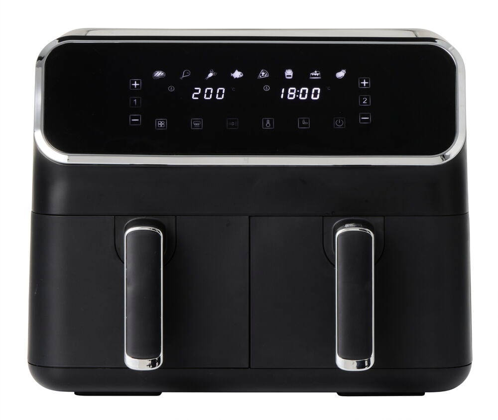 Svart airfryer med två lådor och digital display.