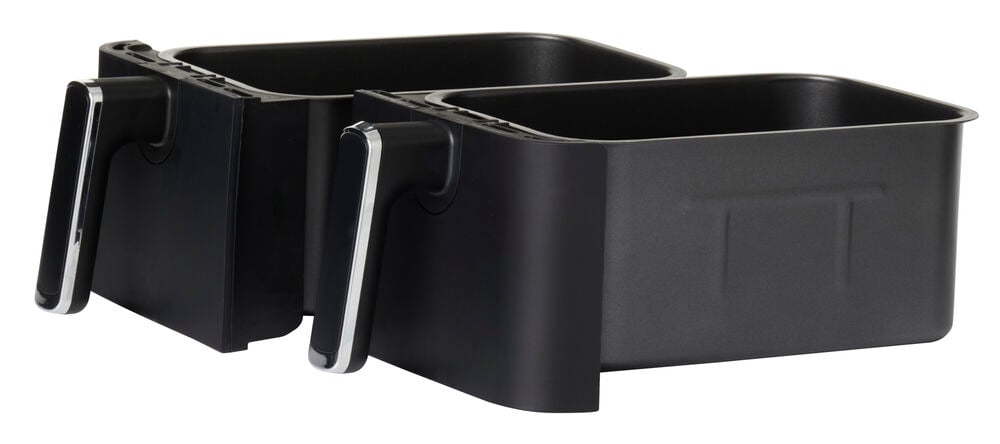 Två svarta luftfritöskorgar med handtag.