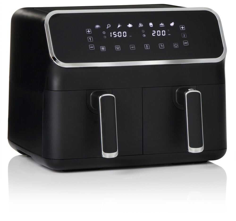 Mattsvart luftfritös med två stora utdragslådor.