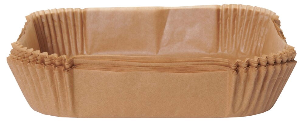 Bruna fyrkantiga airfryer-papper i stapel.