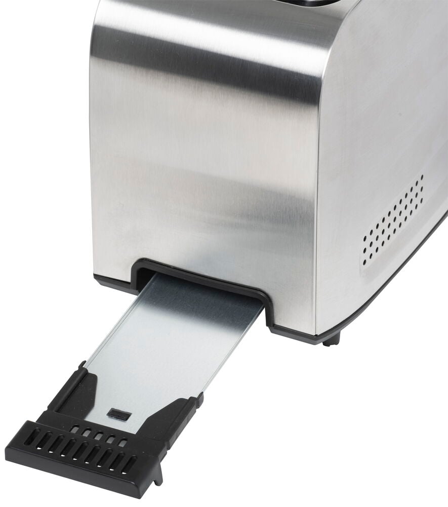 Rostfri brödrost med utdragen smulbricka bakifrån.