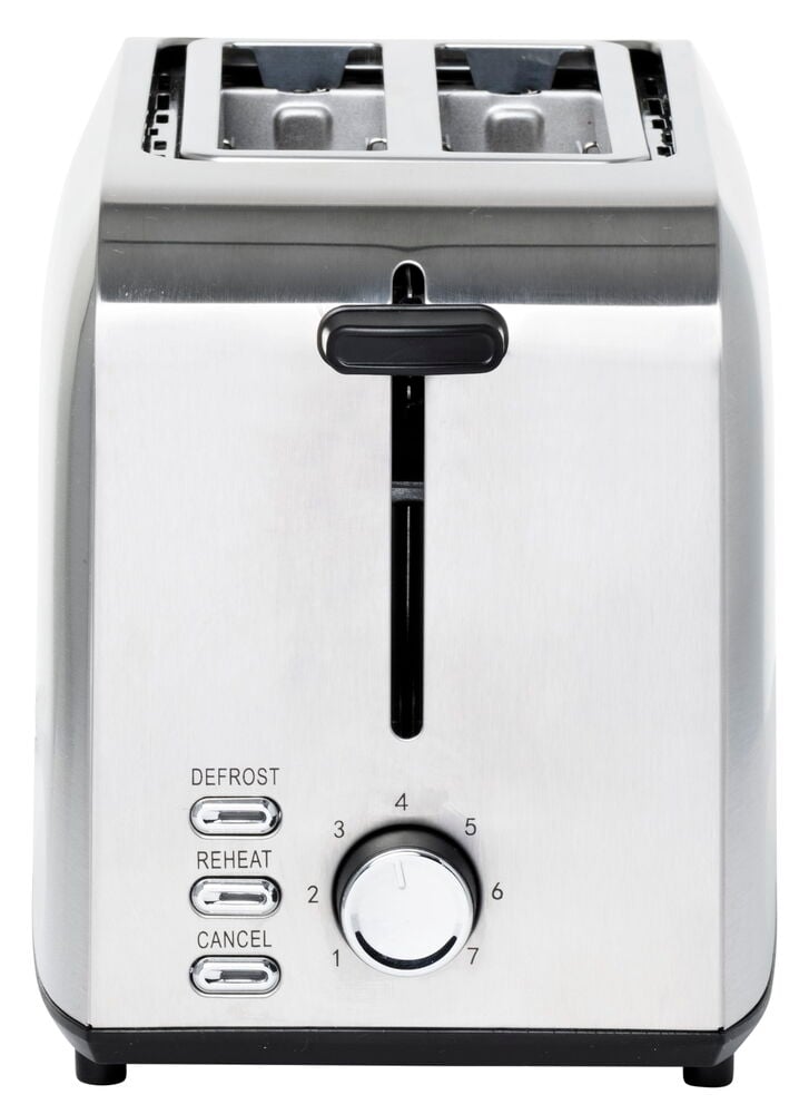 Rostfri brödrost med två fack och vred.