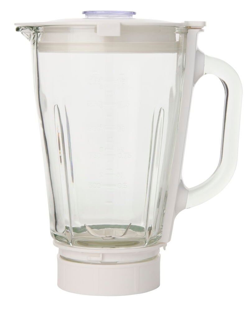 Tehosekoitin 1,5 litraa 500W BT26, kirkas lasikannu valkoisella kannella, jalustalla ja kahvalla.