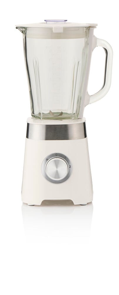Kermanvärinen Tehosekoitin 1,5 litraa 500W BT26 lasikannulla ja hopeisella säätönupilla valkoista taustaa vasten.