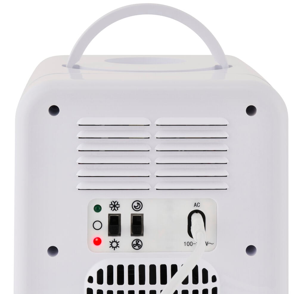 Baksida av en vit Minikyl 4 liter FR26 med kontrollpanel, lampor, strömbrytare och AC-strömkabel.
