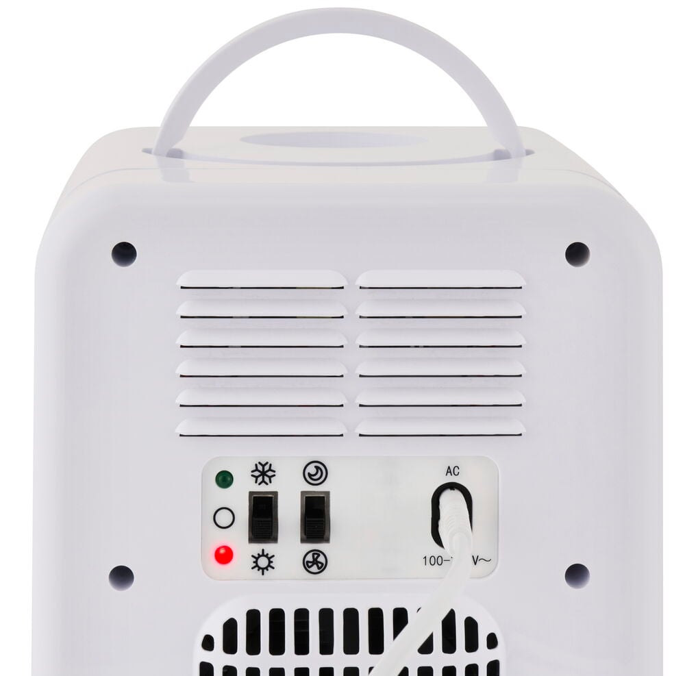 Vit Minikyl 4 liter FR26, baksida, med kyl-/värmeväljare, indikatorlampor och AC-strömingång.