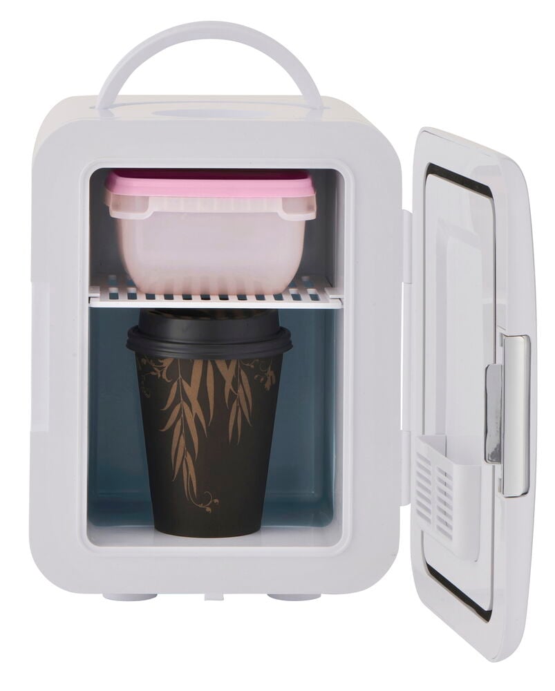 Vit Minikyl 4 liter FR26 med öppen dörr, innehållande en rosa behållare och en svart mönstrad kopp.