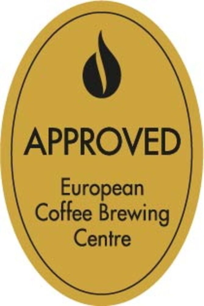Goldene ovale Plakette, geprüft für Kaffeemaschine Excellence CME26, mit European Coffee Brewing Centre Logo.