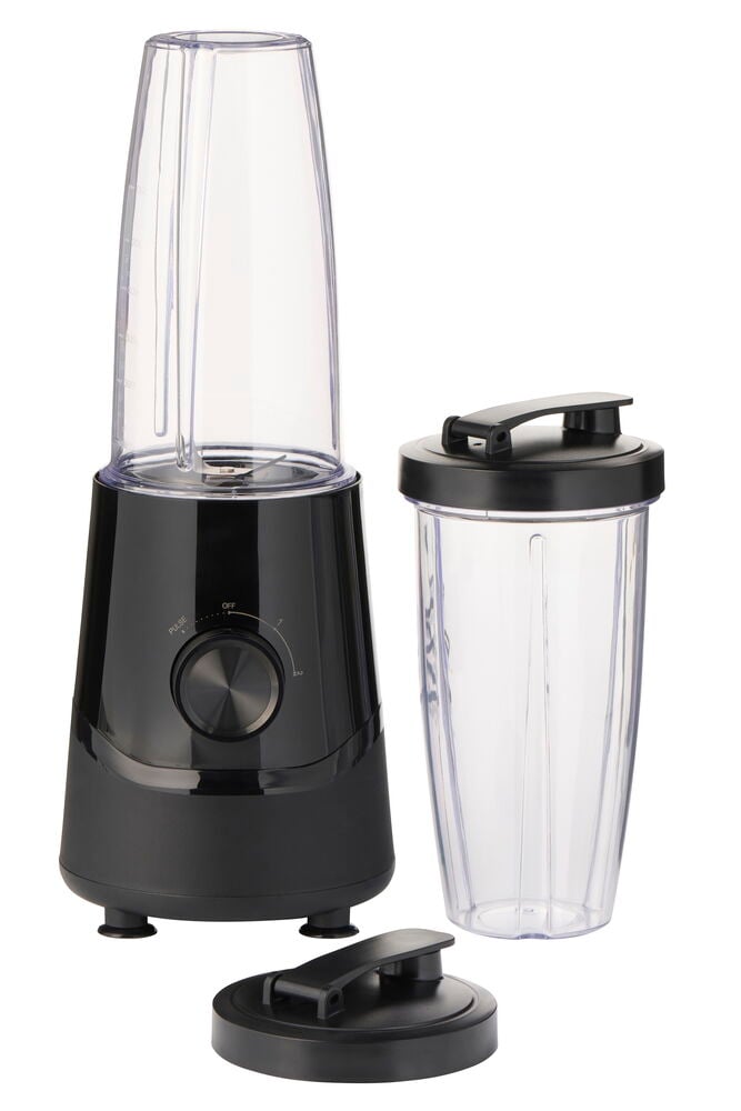Schwarzer Standmixer To Go 750 ml BTG26 mit klarem Becher, extra klarem Becher und schwarzem Deckel.