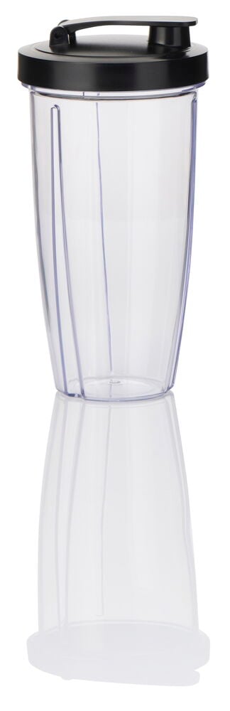 Standmixer To Go 750 ml BTG26, ein klarer Kunststoffbecher mit schwarzem Deckel und Griff.