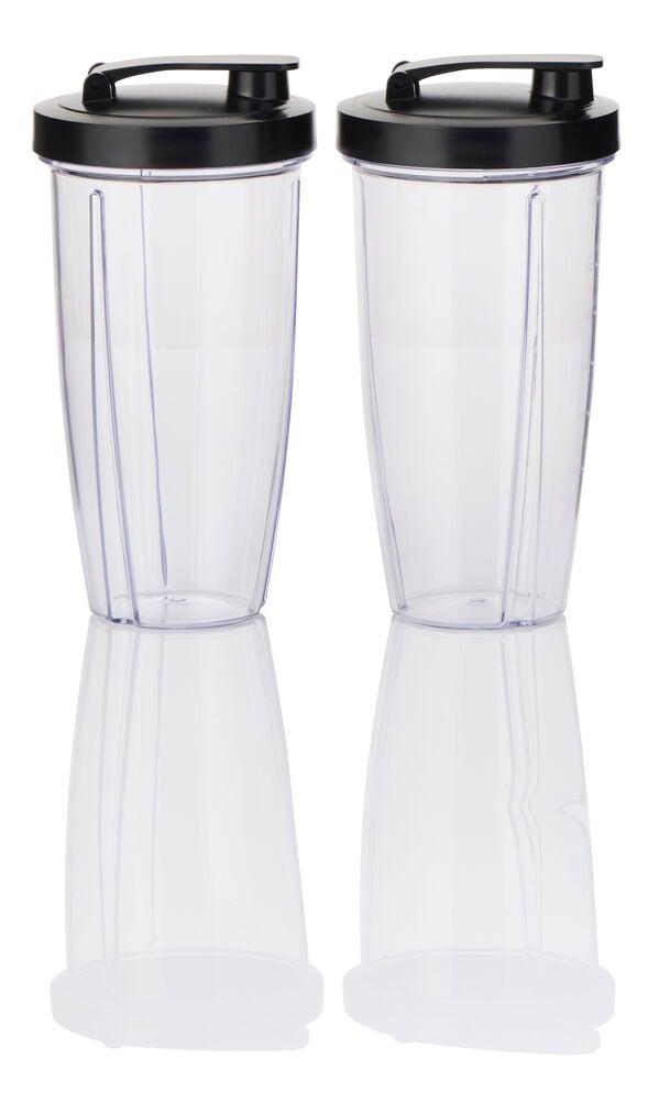 Zwei transparente Standmixer To Go 750 ml BTG26 Behälter mit schwarzen Deckeln und Griffen, reflektierend auf weißem Untergrund.